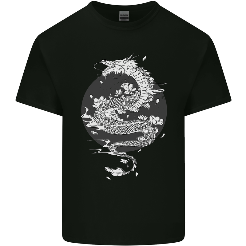 Japanese Fantasy Dragon Sun Background Mens Cotton T-Shirt Tee Top Black