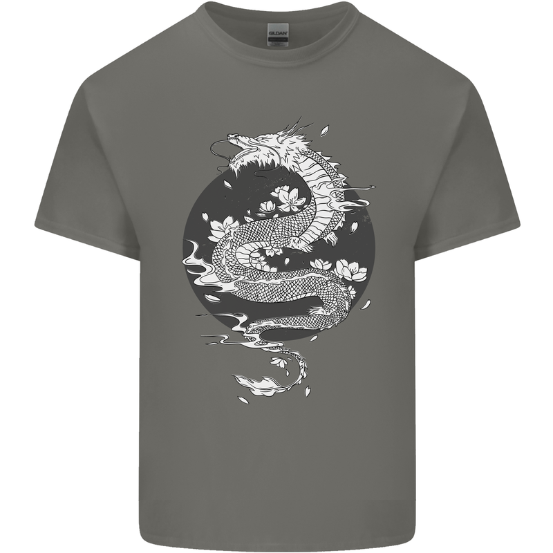 Japanese Fantasy Dragon Sun Background Mens Cotton T-Shirt Tee Top Charcoal