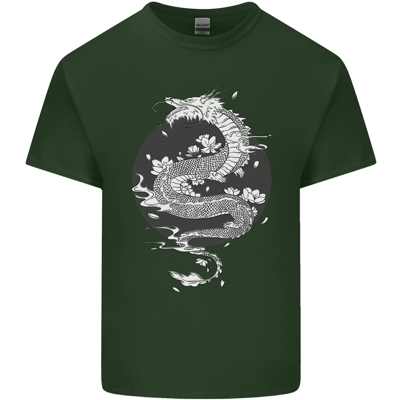 Japanese Fantasy Dragon Sun Background Mens Cotton T-Shirt Tee Top Forest Green