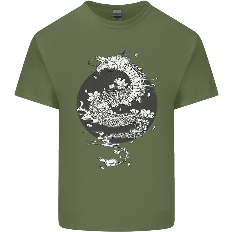 Japanese Fantasy Dragon Sun Background Mens Cotton T-Shirt Tee Top Military Green