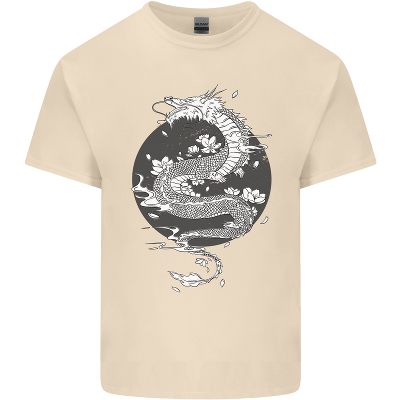 Japanese Fantasy Dragon Sun Background Mens Cotton T-Shirt Tee Top Natural