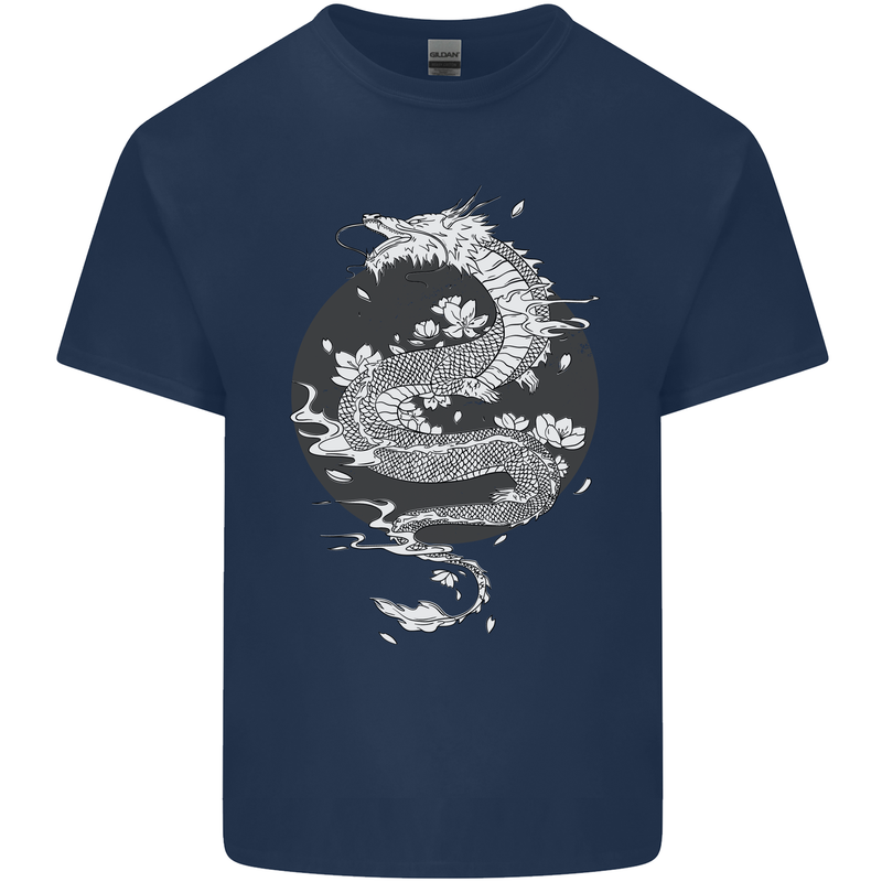 Japanese Fantasy Dragon Sun Background Mens Cotton T-Shirt Tee Top Navy Blue