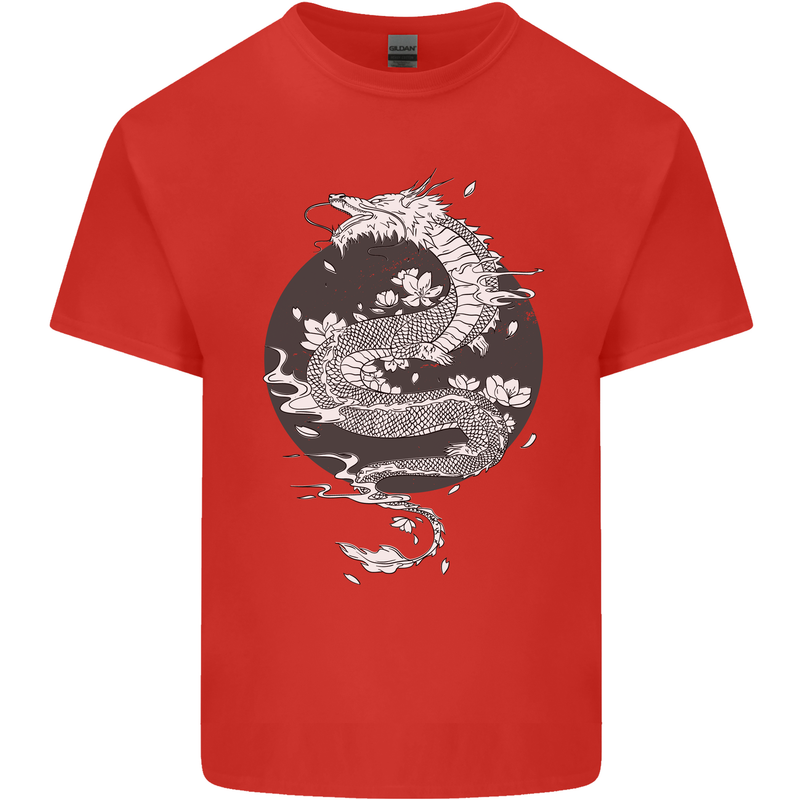 Japanese Fantasy Dragon Sun Background Mens Cotton T-Shirt Tee Top Red