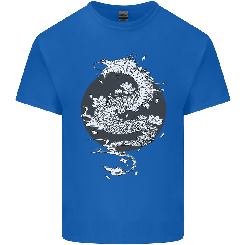 Japanese Fantasy Dragon Sun Background Mens Cotton T-Shirt Tee Top Royal Blue