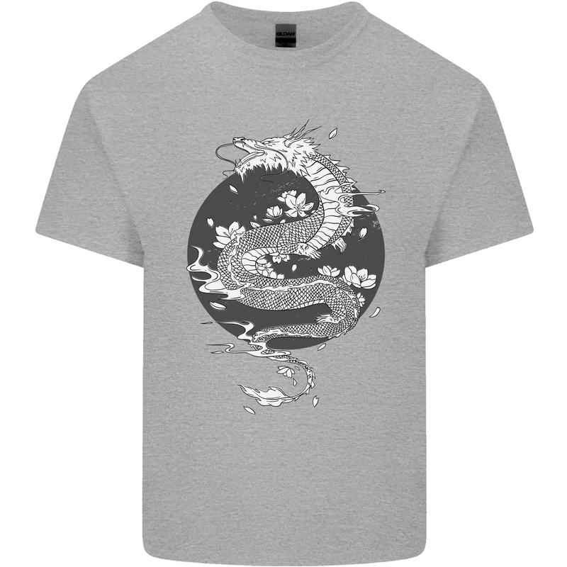 Japanese Fantasy Dragon Sun Background Mens Cotton T-Shirt Tee Top Sports Grey