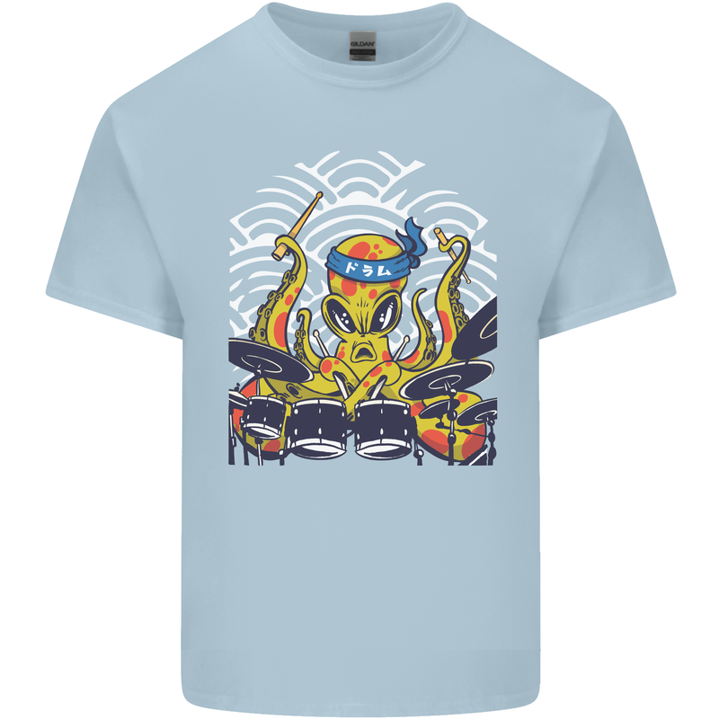 Japanese Octopus Drummer Drumming Drums Mens Cotton T-Shirt Tee Top Light Blue