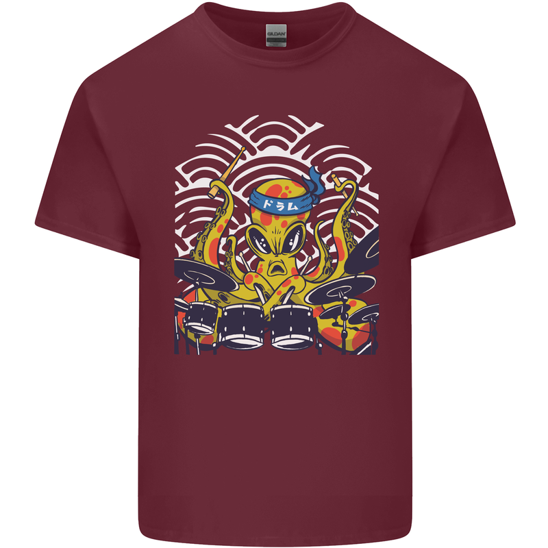 Japanese Octopus Drummer Drumming Drums Mens Cotton T-Shirt Tee Top Maroon