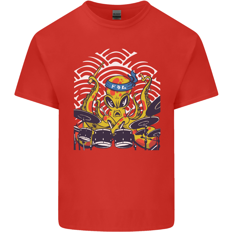 Japanese Octopus Drummer Drumming Drums Mens Cotton T-Shirt Tee Top Red