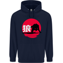 Japanese Wolf Japan Mens 80% Cotton Hoodie Navy Blue