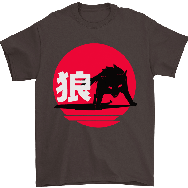 Japanese Wolf Japan Mens T-Shirt Cotton Gildan Dark Chocolate