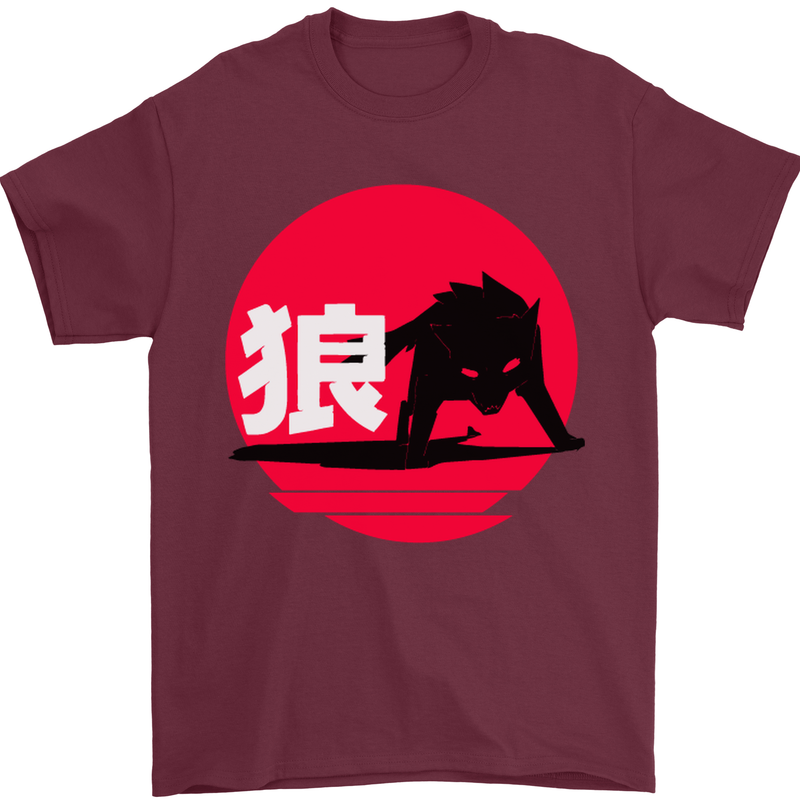 Japanese Wolf Japan Mens T-Shirt Cotton Gildan Maroon