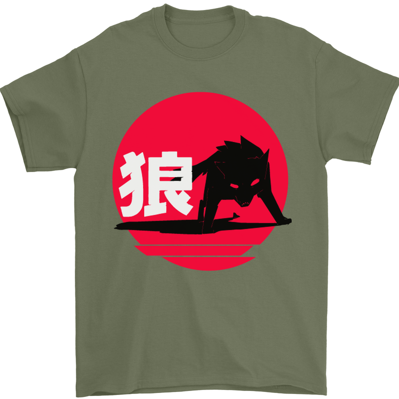 Japanese Wolf Japan Mens T-Shirt Cotton Gildan Military Green