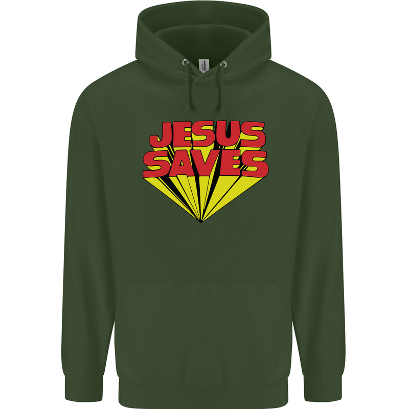 Jesus Saves Funny Christian Mens 80% Cotton Hoodie Forest Green