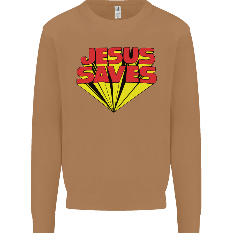 Jesus Saves Funny Christian Mens Sweatshirt Jumper Caramel Latte