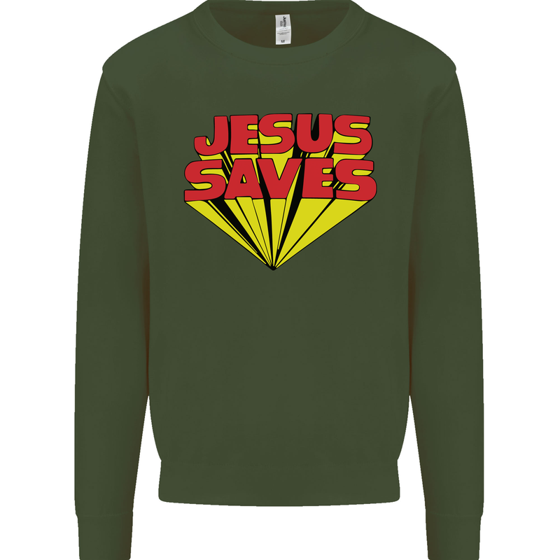 Jesus Saves Funny Christian Mens Sweatshirt Jumper Forest Green
