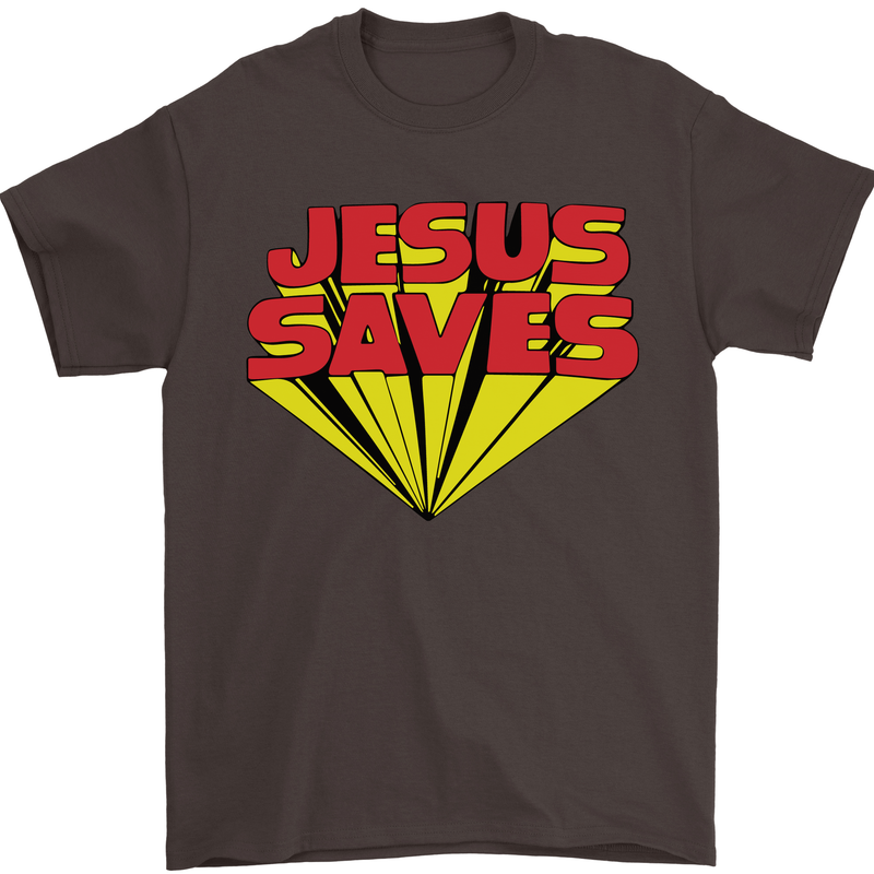 Jesus Saves Funny Christian Mens T-Shirt Cotton Gildan Dark Chocolate