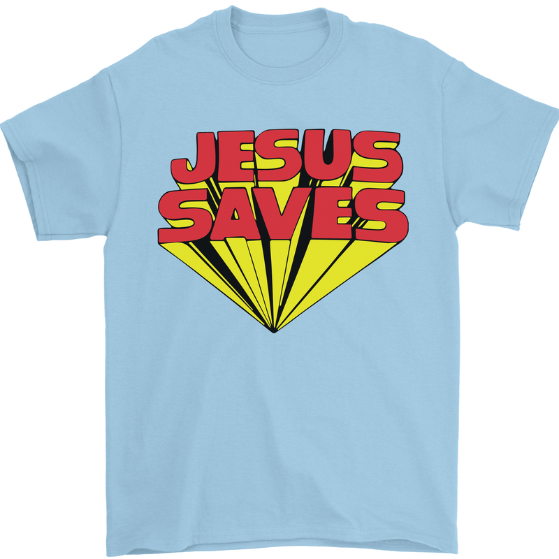 Jesus Saves Funny Christian Mens T-Shirt Cotton Gildan Light Blue