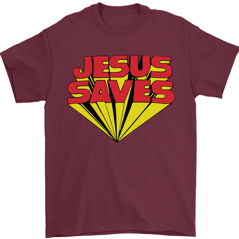 Jesus Saves Funny Christian Mens T-Shirt Cotton Gildan Maroon