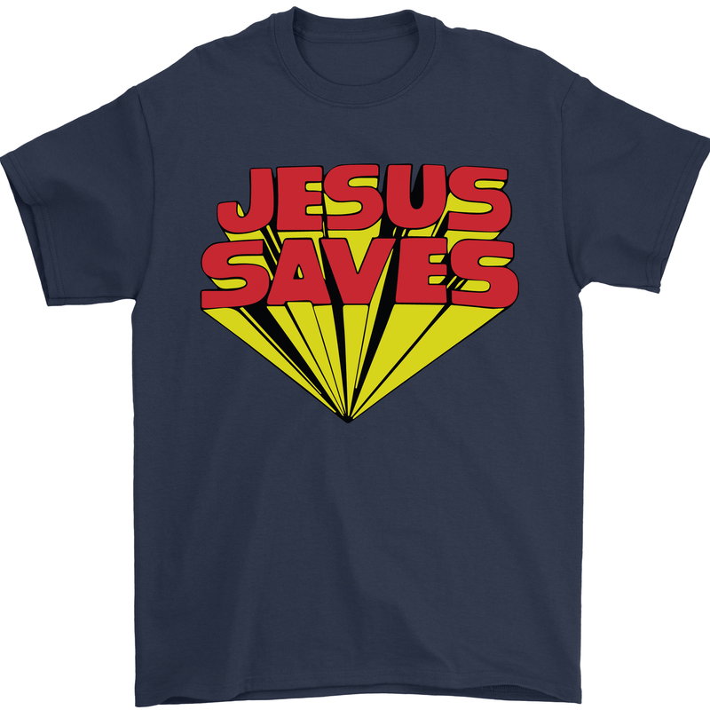 Jesus Saves Funny Christian Mens T-Shirt Cotton Gildan Navy Blue