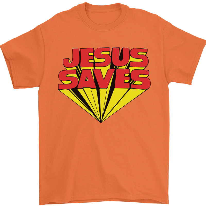 Jesus Saves Funny Christian Mens T-Shirt Cotton Gildan Orange
