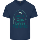 Just a Girl Who Loves Fishing Fisherwoman Mens V-Neck Cotton T-Shirt Navy Blue