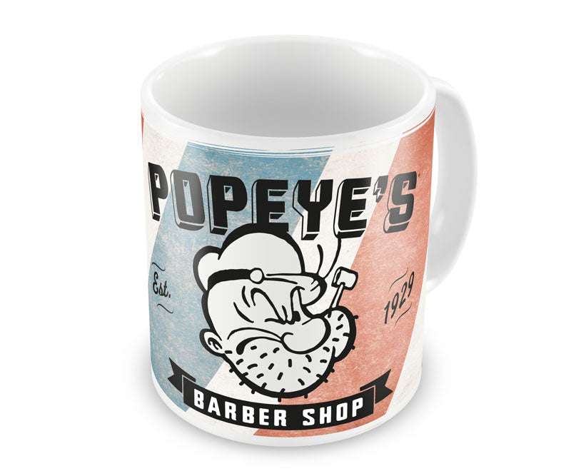 popeyes barber shop white coffee mug training cartoon charactor