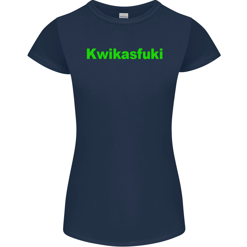Kwikasfuki Superbike Funny Biker Motorcycle Womens Petite Cut T-Shirt Navy Blue