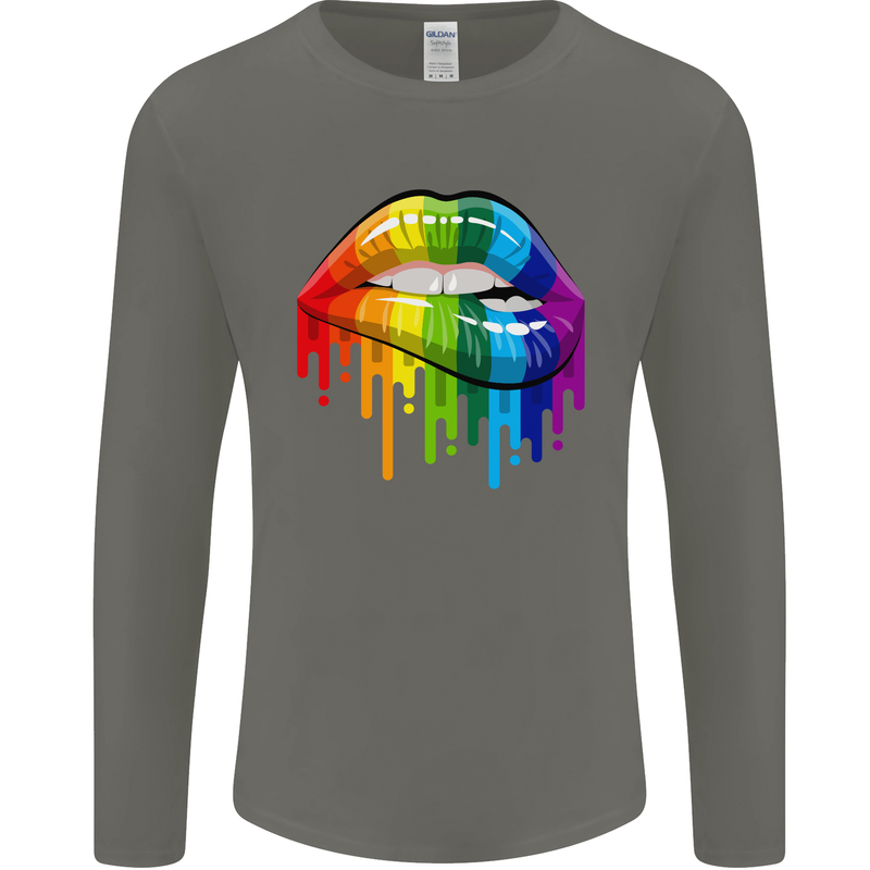 LGBT Bitten Rainbow Lip Gay Pride Day Mens Long Sleeve T-Shirt Charcoal