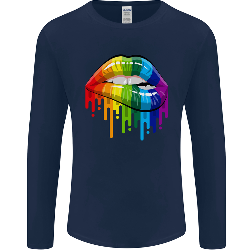 LGBT Bitten Rainbow Lip Gay Pride Day Mens Long Sleeve T-Shirt Navy Blue