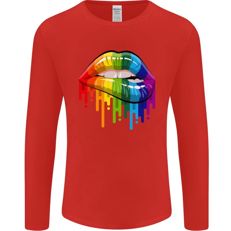 LGBT Bitten Rainbow Lip Gay Pride Day Mens Long Sleeve T-Shirt Red
