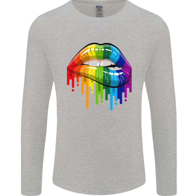 LGBT Bitten Rainbow Lip Gay Pride Day Mens Long Sleeve T-Shirt Sports Grey