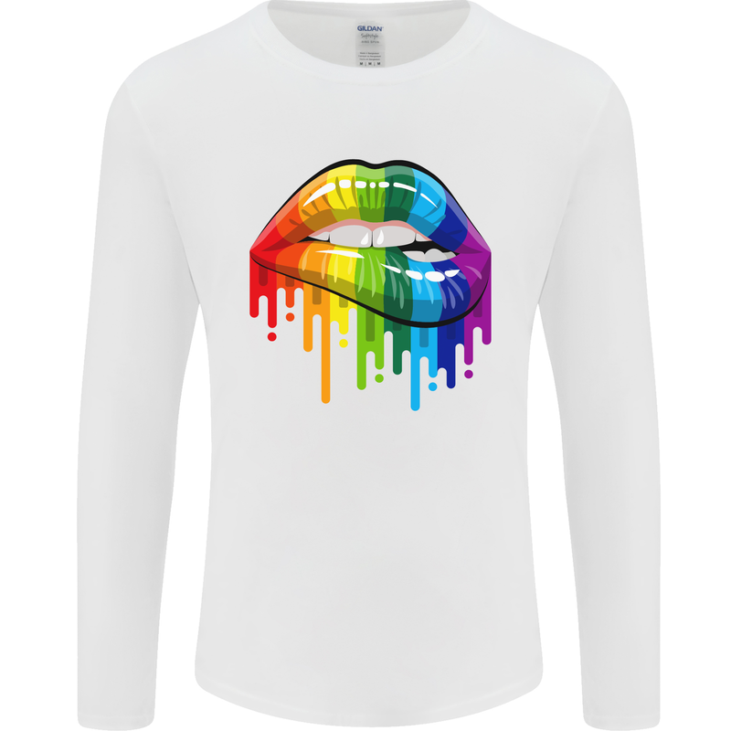 LGBT Bitten Rainbow Lip Gay Pride Day Mens Long Sleeve T-Shirt White