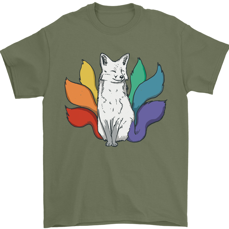 LGBT Kitsune Fox Gay Pride Mens T-Shirt 100% Cotton Military Green