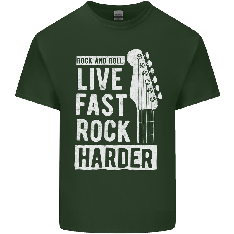 Live Fast Rock Harder Guitar & Roll Music Mens Cotton T-Shirt Tee Top Forest Green