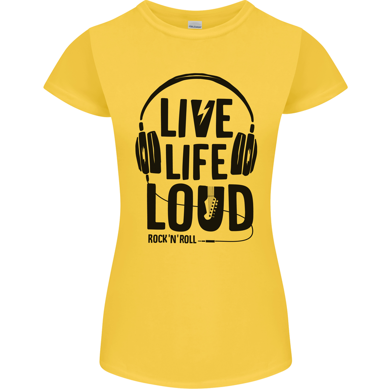 Live Life Loud Rock n Roll Guitar Music Womens Petite Cut T-Shirt Yellow