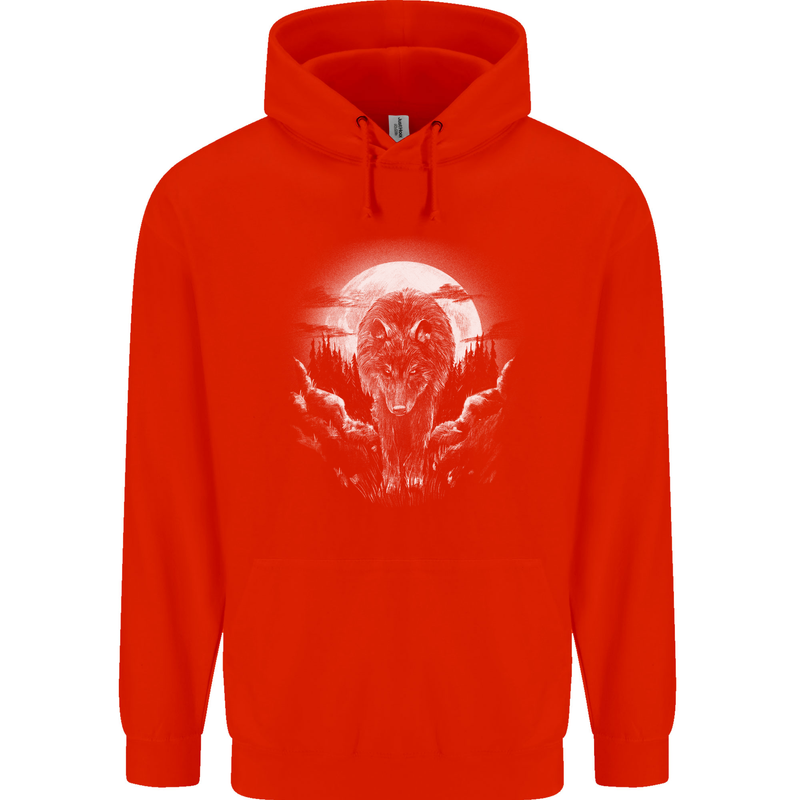Lone Wolf In the Moonlight Mens 80% Cotton Hoodie Bright Red