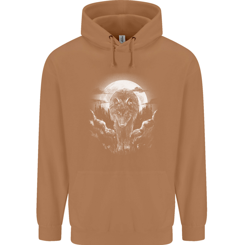 Lone Wolf In the Moonlight Mens 80% Cotton Hoodie Caramel Latte