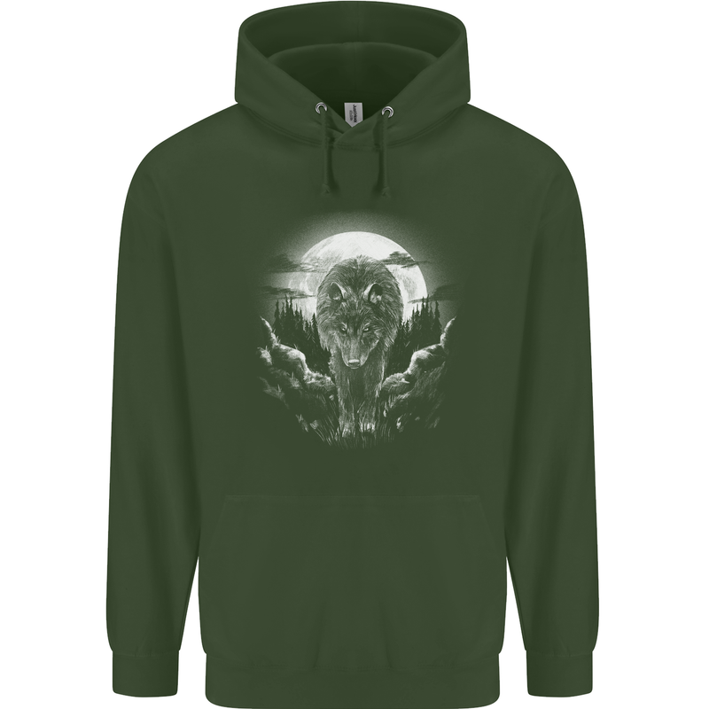 Lone Wolf In the Moonlight Mens 80% Cotton Hoodie Forest Green