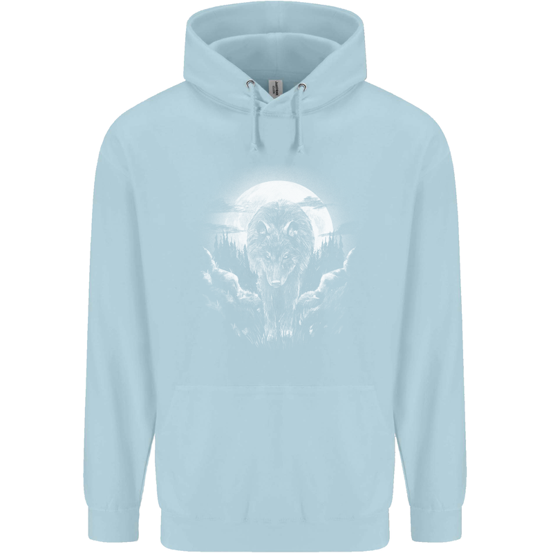 Lone Wolf In the Moonlight Mens 80% Cotton Hoodie Light Blue