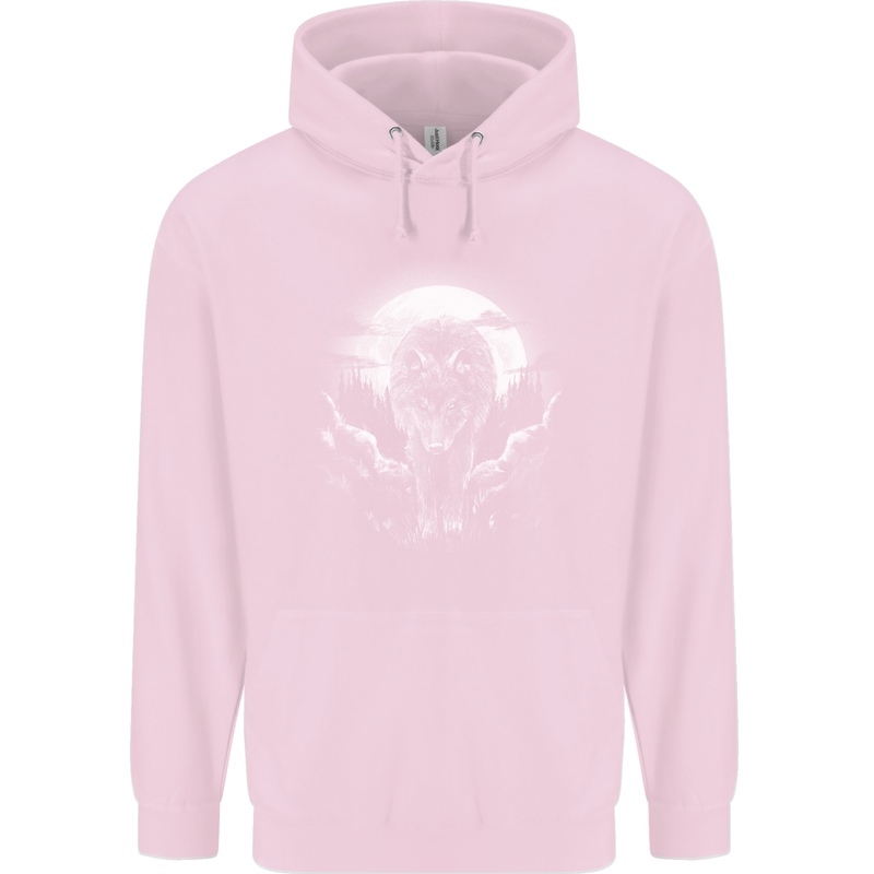 Lone Wolf In the Moonlight Mens 80% Cotton Hoodie Light Pink