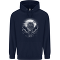 Lone Wolf In the Moonlight Mens 80% Cotton Hoodie Navy Blue