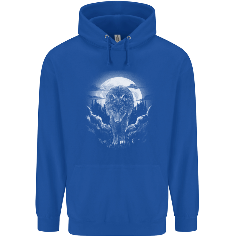 Lone Wolf In the Moonlight Mens 80% Cotton Hoodie Royal Blue