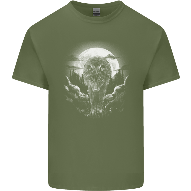 Lone Wolf In the Moonlight Mens Cotton T-Shirt Tee Top Military Green