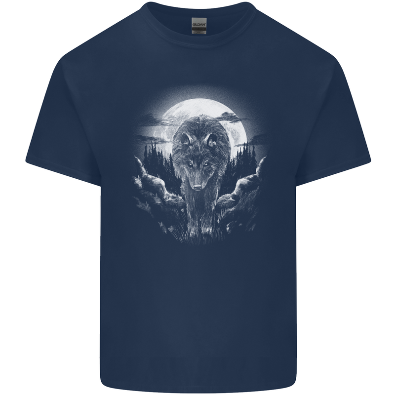Lone Wolf In the Moonlight Mens Cotton T-Shirt Tee Top Navy Blue