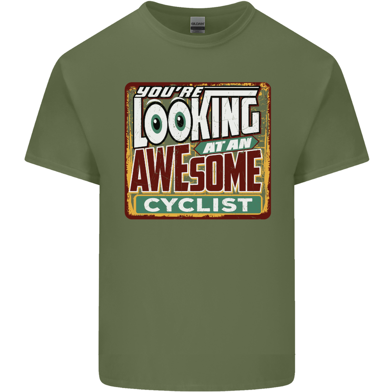 Looking at an Awesome Cyclist Cycling Mens Cotton T-Shirt Tee Top Military Green