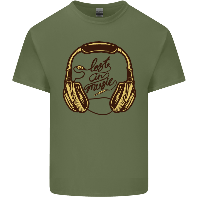 Lost in Music DJ DJing Headphones Dance Mens Cotton T-Shirt Tee Top Military Green