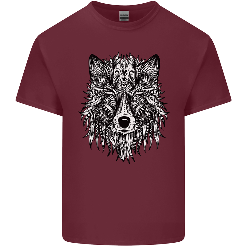 Mandala Tribal Wolf Tattoo Mens Cotton T-Shirt Tee Top Maroon
