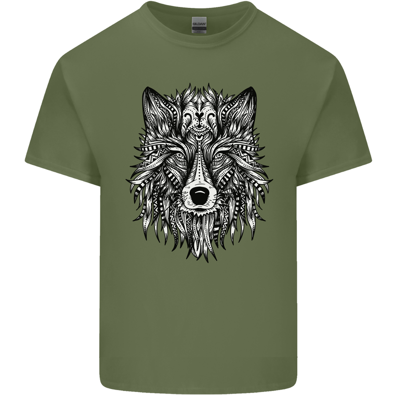 Mandala Tribal Wolf Tattoo Mens Cotton T-Shirt Tee Top Military Green