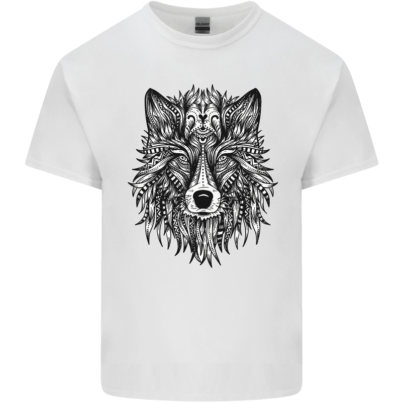 Mandala Tribal Wolf Tattoo Mens Cotton T-Shirt Tee Top White