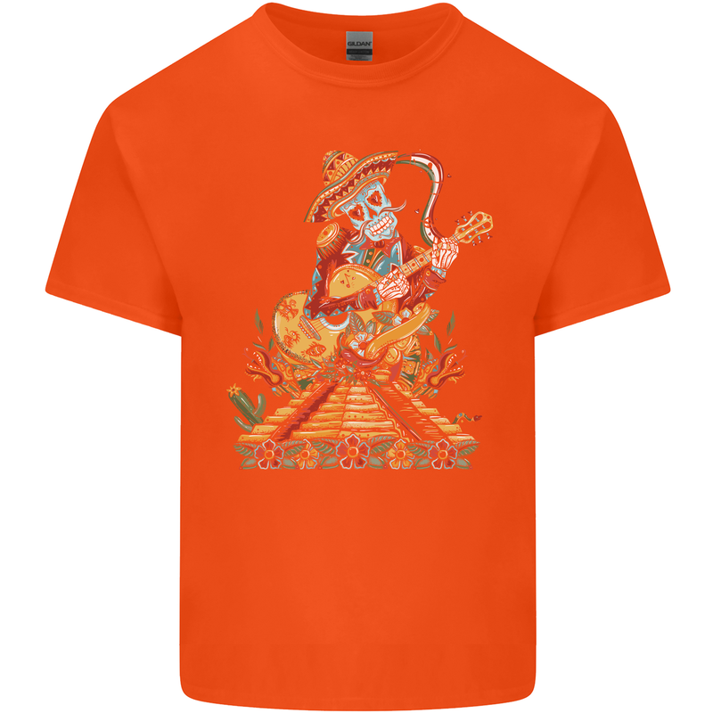 Mariachi Sugar Skull Day of the Dead Guitar Mens Cotton T-Shirt Tee Top Orange